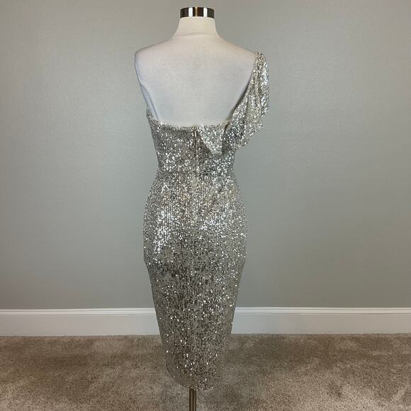 Aidan Mattox Sequined One Shoulder Ruffled Sheath Cocktail Dress Silver Size 12 - Picture 6 of 14